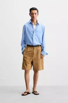 Плиссированные замшевые шорты-бермуды ZARA, коричневый