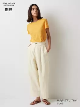 Плиссированные зауженные брюки из льняной смеси Uniqlo, бежевый