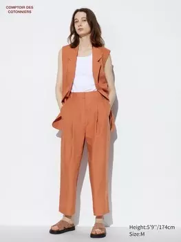 Плиссированные зауженные брюки из смеси льна lyocell Uniqlo, коричневый