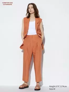 Плиссированные зауженные брюки из смеси льна lyocell Uniqlo, цвет 35 коричневый
