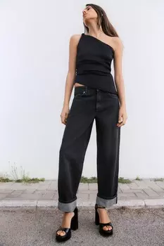 Плиссированный атласный топ ZARA, черный