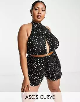 Плиссированный комбинезон с вырезом на шее и поясом с точечным принтом ASOS DESIGN Curve