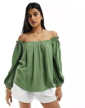 Плиссированный льняной топ цвета хаки с открытыми плечами ASOS DESIGN
