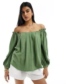 Плиссированный льняной топ цвета хаки с открытыми плечами ASOS DESIGN