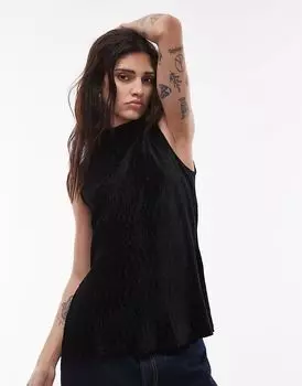 Плиссированный топ без рукавов с высоким воротом черного цвета Mango