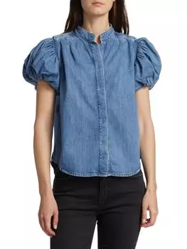 Плиссированный топ из шамбре с объемными рукавами Frame, цвет Eugenia Blue