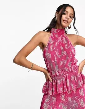 Плиссированный топ с бретелью через шею Vero Moda в тон розовым цветочным принтом, розовый цветочный