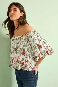 Плиссированный топ с глубоким вырезом и рукавами с открытыми плечами Next