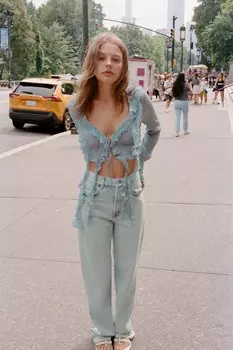 Плиссированный топ с оборками ZARA, светло-голубой