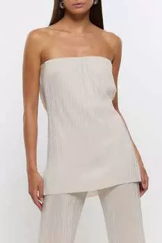 Плиссированный топ с вырезом-бандо и драпировкой на спине River Island, бежевый