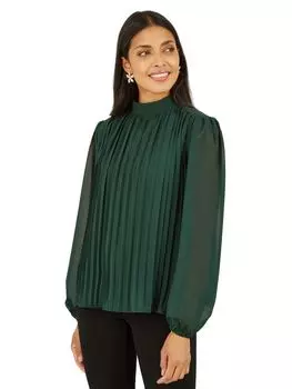 Плиссированный топ с высоким воротником и длинными рукавами Mela London Yumi, зеленый