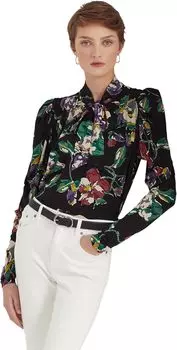 Плиссированный трикотажный топ с цветочным принтом и завязками на воротнике LAUREN Ralph Lauren, цвет Black Multi