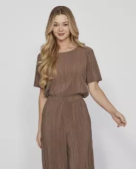 Плиссированный женский топ с короткими рукавами Vila, светло-коричневый