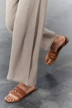 Плоские кожаные босоножки-слайдеры ZARA, коричневый