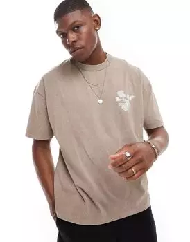 Плотная коричневая футболка оверсайз с принтом из плотной ткани 220 г/м ASOS DESIGN