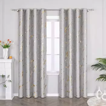 Плотная штора Joyswahl, непрозрачные шторы с люверсами, термозавеса, защита от холода с золотым глянцевым принтом, гостиная, серый, В х Ш 225 х 200 см