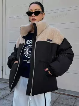 Плотное, пушистое пальто в сочетании с клеткой для женщин Dazy, черный