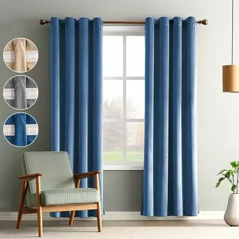 Плотные плотные шторы с люверсами, 2 шт, термоштора для гостиной, спальни, светло-серые, 145х140см (ВхШ) easy home, синий
