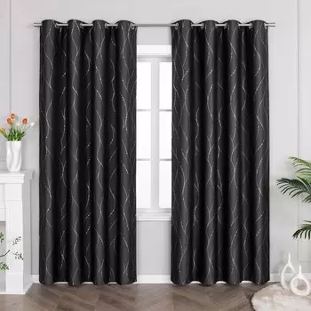 Плотные шторы Joyswahl с люверсами 245x140 см. Непрозрачные шторы (1 шт. в упаковке) Шторы с люверсами и серебряными полосками для спальни, гостиной, черные, черный