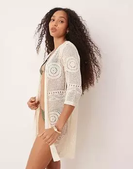 Пляжная накидка JDY, связанная крючком, кремового цвета