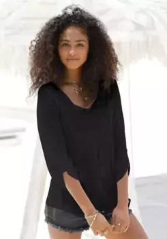 Пляжная рубашка Buffalo, с вышивкой и кисточками, туника, рукава 3/4, блузка-рубашка, черный