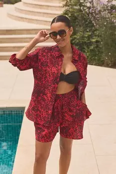 Пляжная рубашка из смеси хлопка и льна Next, красный