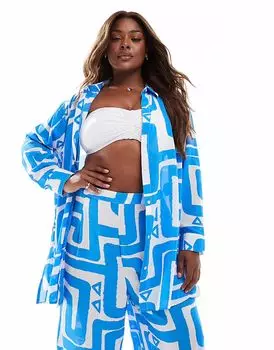 Пляжная рубашка New Look Curve с завитками синего цвета