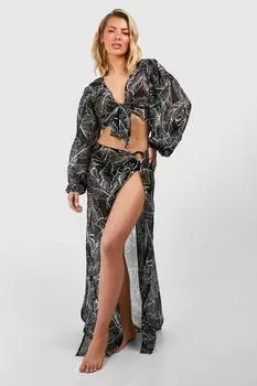 Пляжная рубашка с тропическим принтом и завязкой спереди boohoo, черный