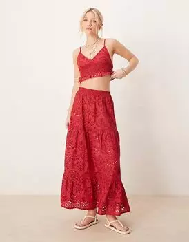 Пляжная юбка макси Iisla & Bird с вышивкой вишнево-красного цвета
