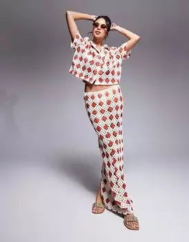 Пляжная юбка макси крючком в кремовом и ржавом цвете South Beach