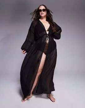 Пляжное кимоно South Beach Curve с длинными рукавами черного цвета