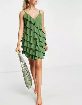 Пляжное летнее платье мини цвета хаки с жатой оборкой