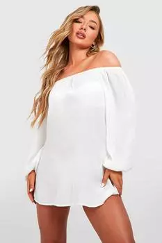 Пляжное мини-платье Cheesecloth Bardot boohoo, белый