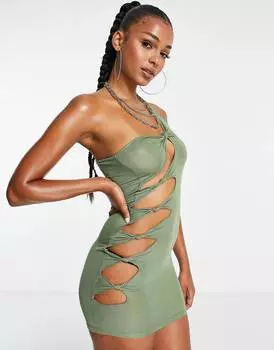 Пляжное мини-платье цвета хаки с асимметричным вырезом из джерси ASOS DESIGN