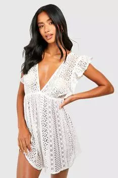Пляжное мини-платье из кружевного планжа с орушами Boohoo, белый
