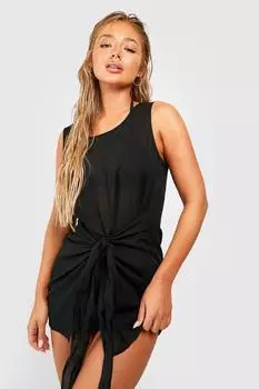 Пляжное мини-платье из льняного материала с завязкой спереди boohoo, черный