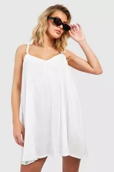 Пляжное мини-платье с жатыми бретелями и ракушками boohoo, белый
