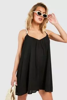 Пляжное мини-платье с жатыми бретелями и ракушками boohoo, черный