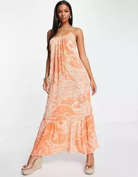 Пляжное мятое платье макси с заниженным подолом и принтом пейсли ASOS DESIGN