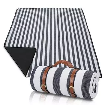 Пляжное одеяло 200 х 200 см, 2-8 человек, водонепроницаемое одеяло для пикника, пескоотталкивающее походное одеяло, XXL, сверхлегкое, компактный нейлон с сумкой, синие и белые полосы HENGDA, синий