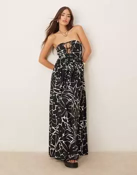 Пляжное платье-бандо ASOS DESIGN макси со шнуровкой и льном в монохромном цветочном стиле
