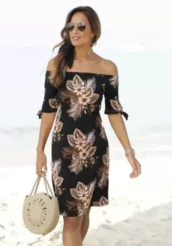 Пляжное платье Beachtime, с лентами на рукавах и вырезом кармен, летнее платье, цвет Schwarz-Bedruckt