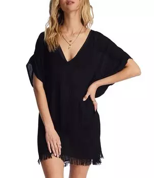 Пляжное платье Billabong Walk Away в жатую полоску с v-образным вырезом и бахромой, черный