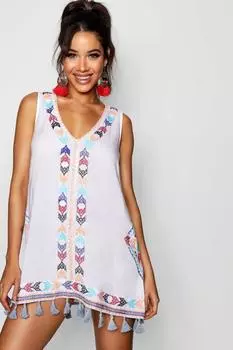Пляжное платье из сырной ткани с вышивкой кисточками Boohoo, белый