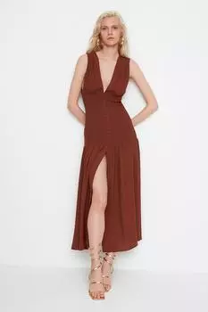 Пляжное платье из вискозы с разрезом и корицей из коллекции X Moeva TBESS22EL3173 Trendyol, коричневый