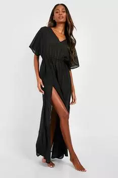 Пляжное платье-кафтан макси с завязкой на талии из льна boohoo, черный
