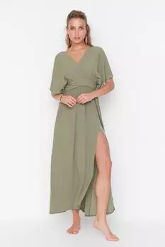 Пляжное платье макси цвета хаки с ткаными аксессуарами Trendyol