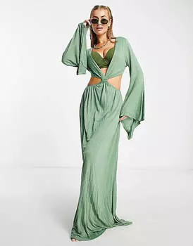 Пляжное платье макси цвета хаки с пышными рукавами и вырезом на талии ASOS DESIGN