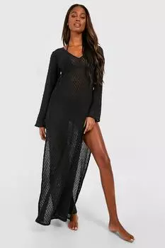 Пляжное платье макси крючком с разрезом по бокам boohoo, черный
