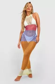 Пляжное платье макси крючком в полоску с цветными блоками boohoo, мультиколор